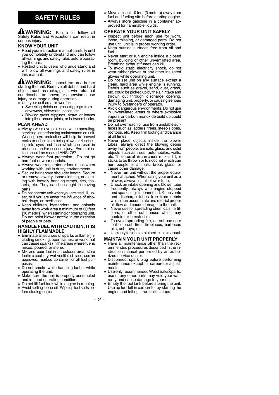 Safety rules, Warning | Weed Eater 530163349 User Manual | Page 2 / 8