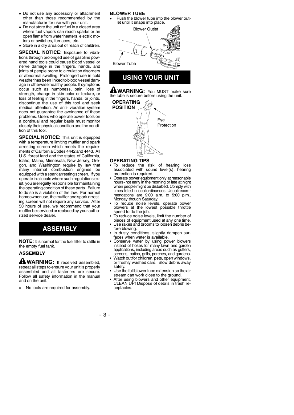Assembly, Using your unit, Warning | Weed Eater 530163349 User Manual | Page 3 / 8