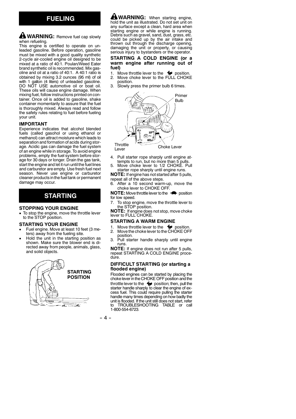 Fueling, Starting, Warning | Weed Eater 530163349 User Manual | Page 4 / 8