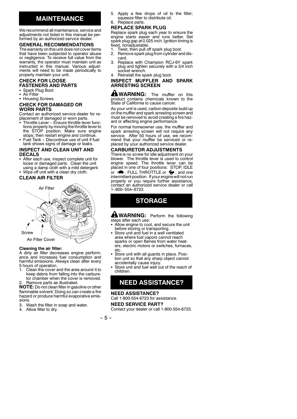 Maintenance, Storage, Need assistance | Warning | Weed Eater 530163349 User Manual | Page 5 / 8