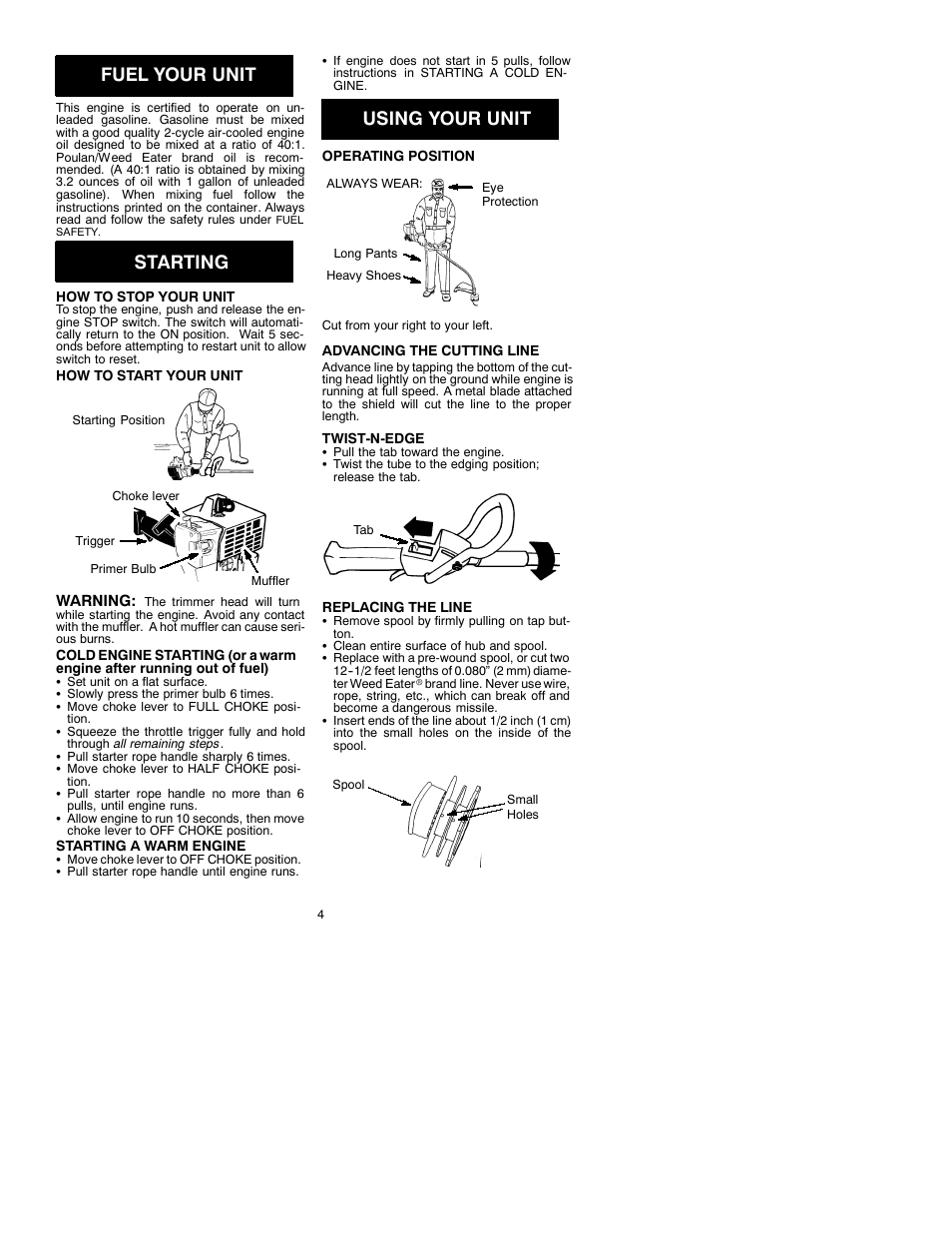 Fuel your unit, Starting, Using your unit | Weed Eater 530088831 User Manual | Page 4 / 7