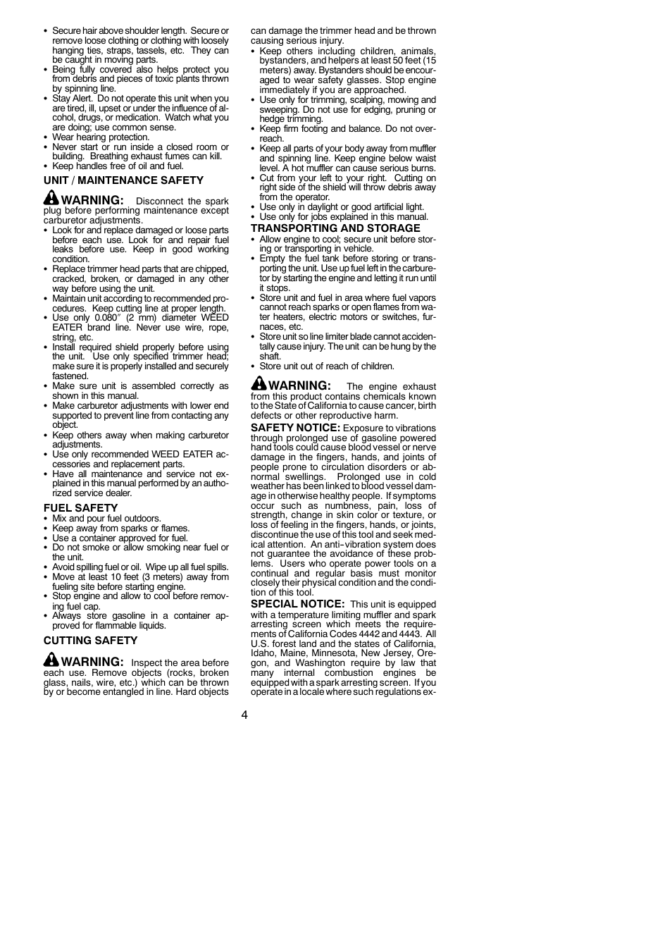 Warning | Weed Eater 952711796 User Manual | Page 4 / 13