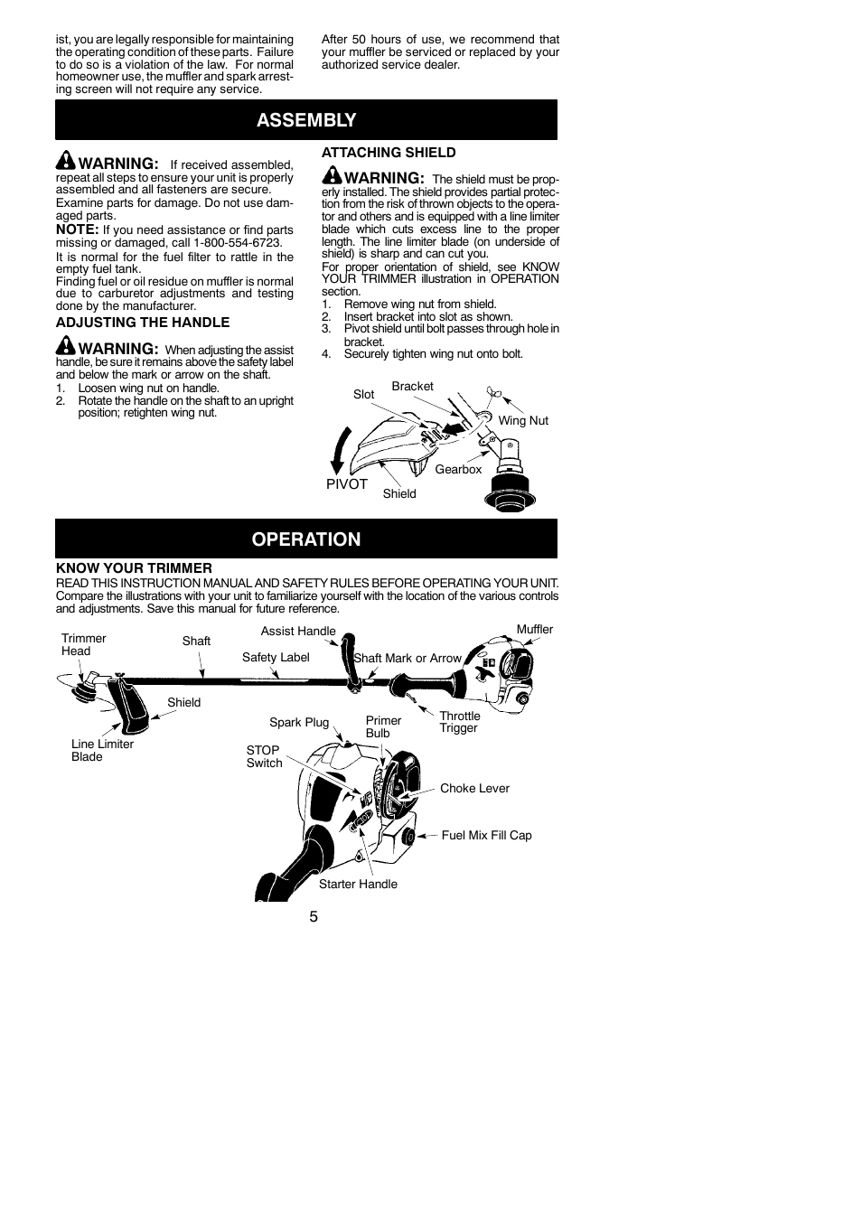 Assembly, Operation, Warning | Weed Eater 952711796 User Manual | Page 5 / 13