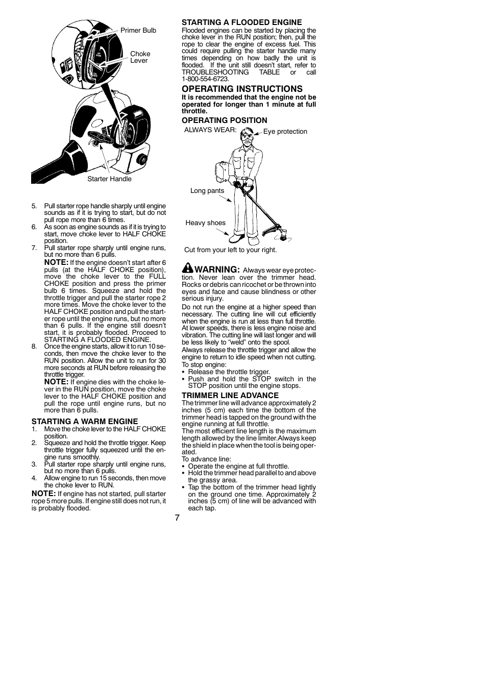 Operating instructions, Warning | Weed Eater 952711796 User Manual | Page 7 / 13