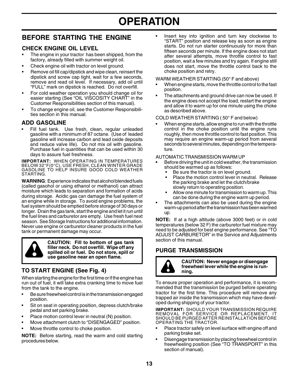 Operation, Before starting the engine | Weed Eater 178704 User Manual | Page 13 / 44