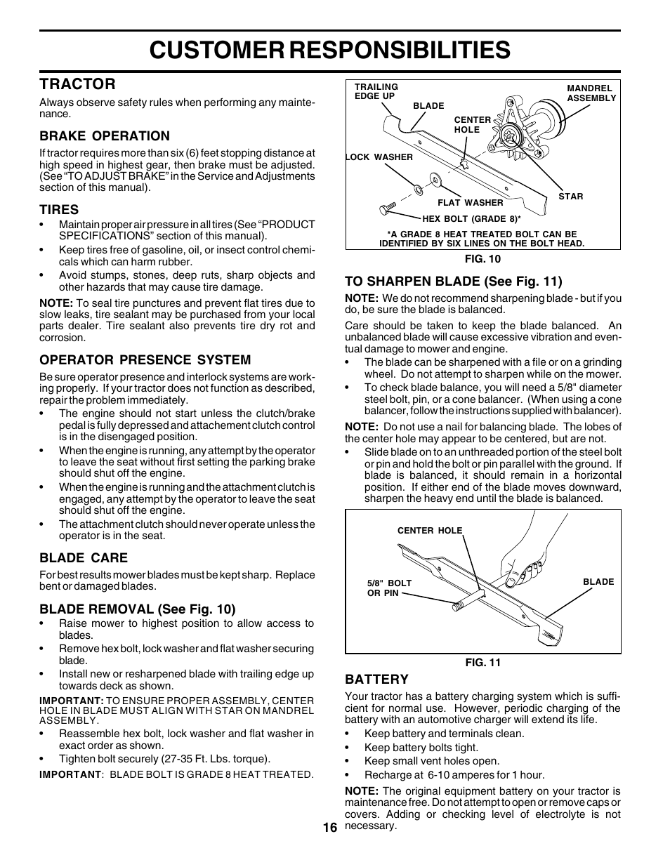 Customer responsibilities, Tractor | Weed Eater 178704 User Manual | Page 16 / 44