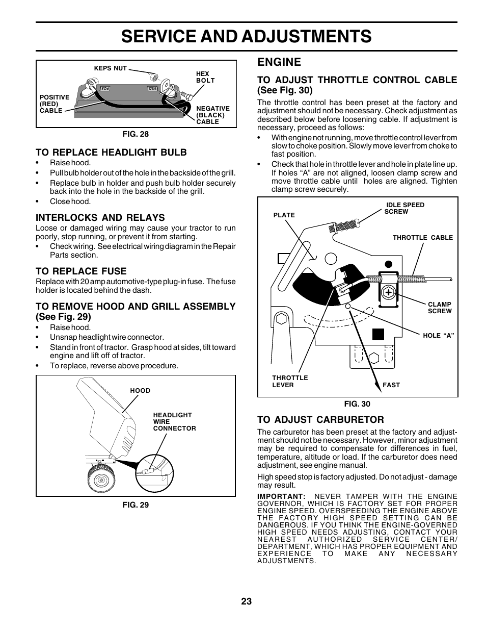 Service and adjustments, Engine | Weed Eater 178704 User Manual | Page 23 / 44