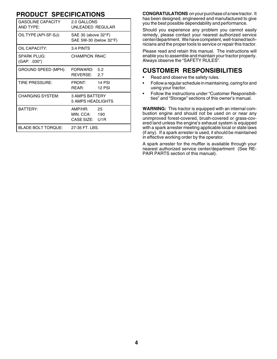 Product specifications, Customer responsibilities | Weed Eater 178704 User Manual | Page 4 / 44