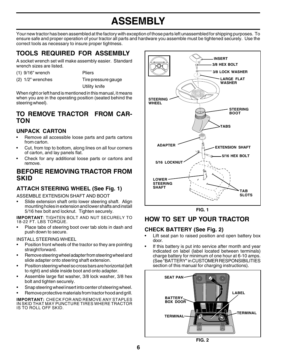 Assembly, Tools required for assembly, Before removing tractor from skid | How to set up your tractor | Weed Eater 178704 User Manual | Page 6 / 44