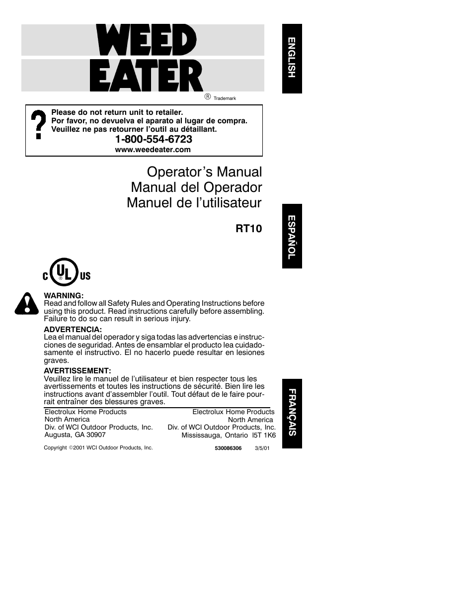 Weed Eater RT10 User Manual | 8 pages
