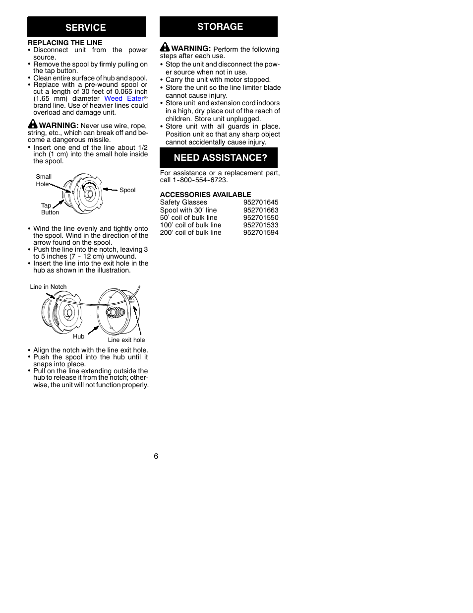 Service, Storage, Need assistance | Weed Eater RT10 User Manual | Page 6 / 8