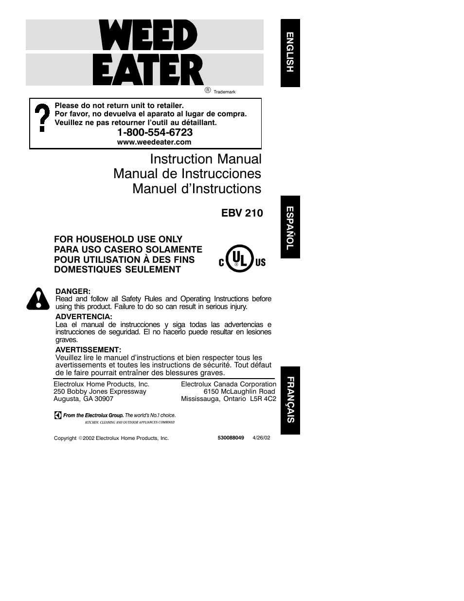 Weed Eater 530088049 User Manual | 10 pages