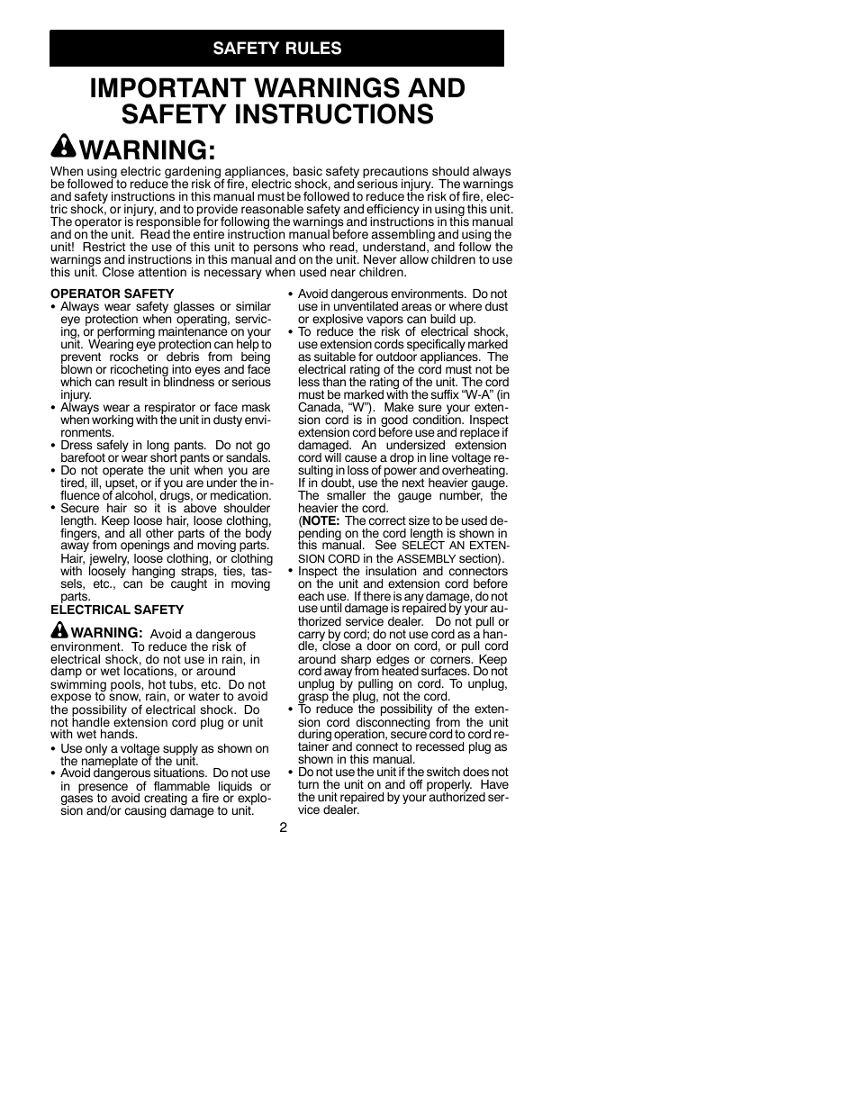 Important warnings and safety instructions warning, Safety rules | Weed Eater 530088049 User Manual | Page 2 / 10