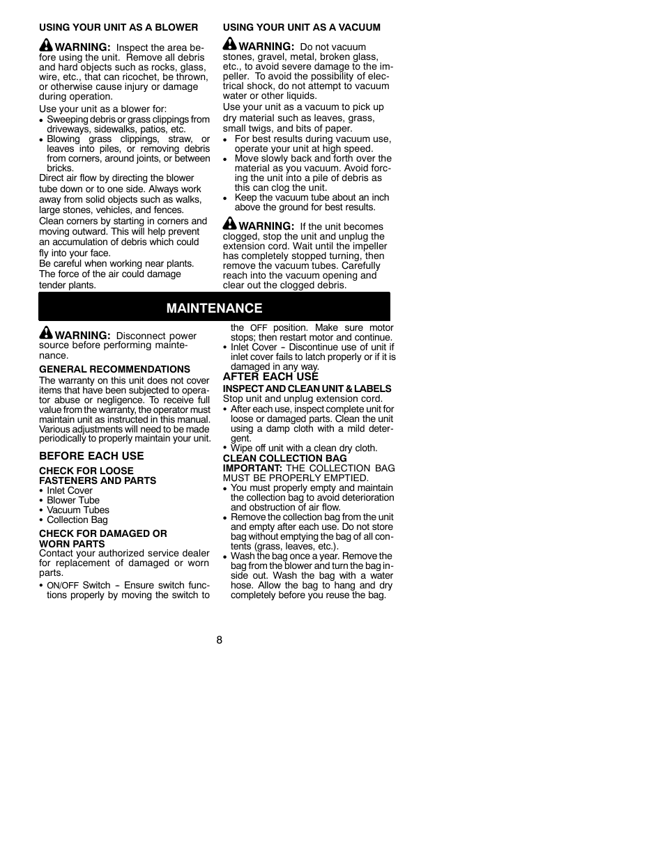 Maintenance | Weed Eater 530088049 User Manual | Page 8 / 10