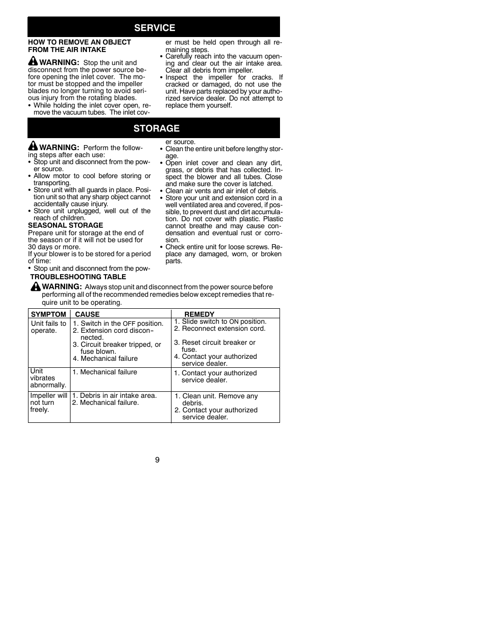 Service, Storage | Weed Eater 530088049 User Manual | Page 9 / 10