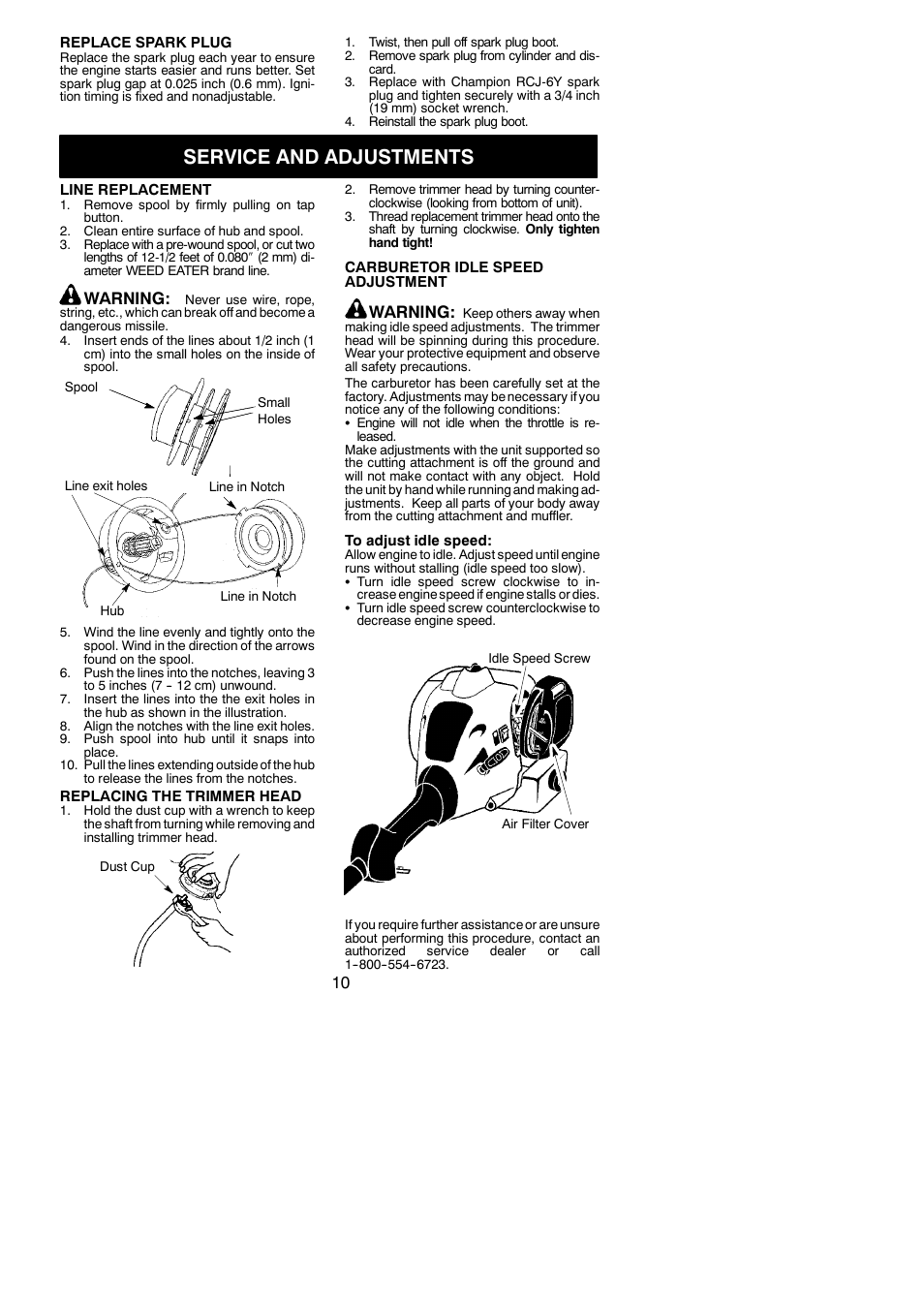 Service and adjustments, Warning | Weed Eater 545186831 User Manual | Page 10 / 14