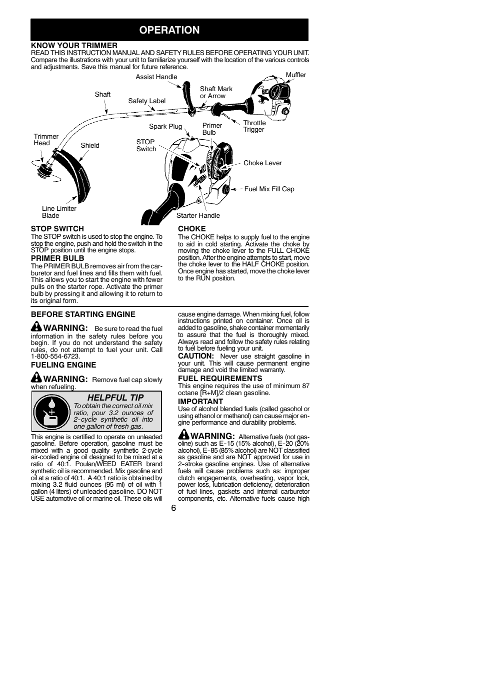 Operation, Warning, Helpful tip | Weed Eater 545186831 User Manual | Page 6 / 14