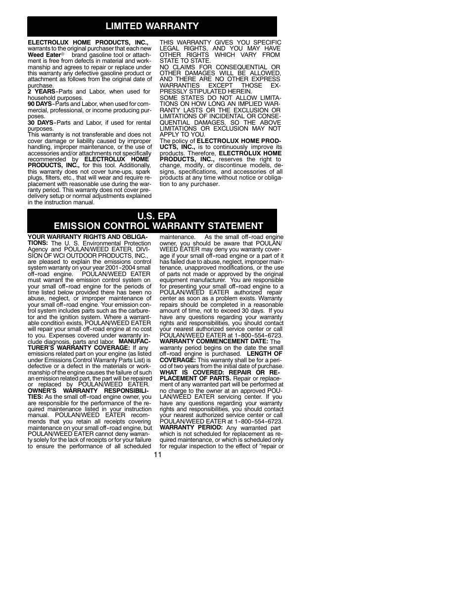 Limited warranty, U.s. epa emission control warranty statement | Weed Eater 530088134 User Manual | Page 11 / 12