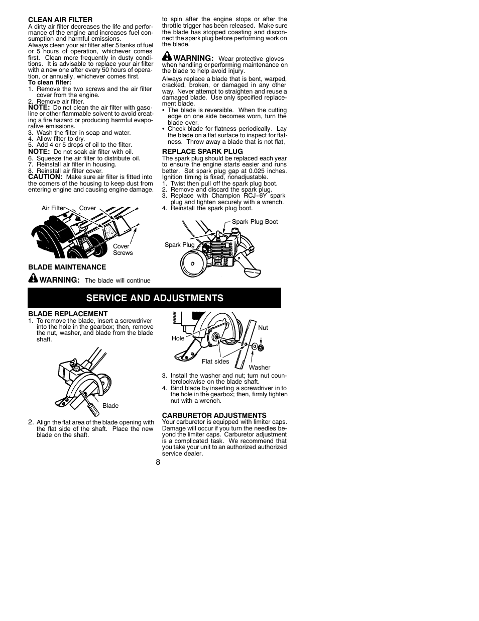 Service and adjustments | Weed Eater 530088134 User Manual | Page 8 / 12