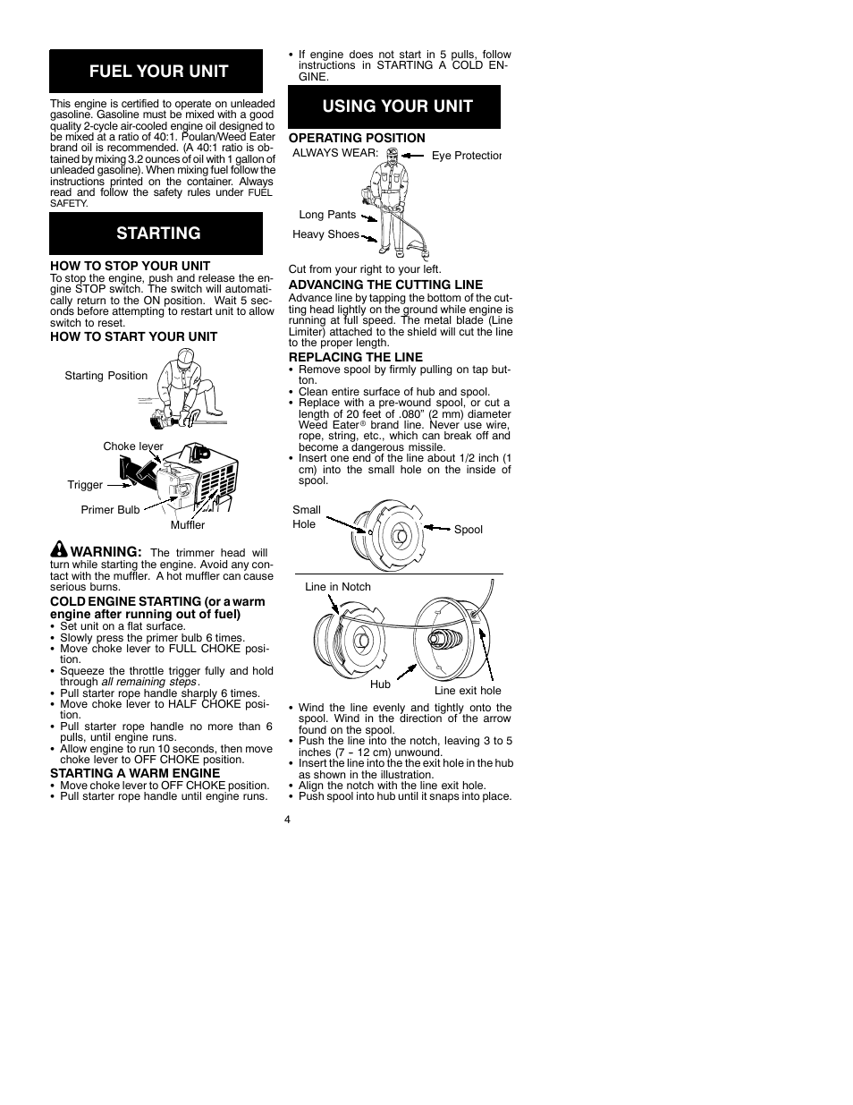 Fuel your unit, Starting, Using your unit | Weed Eater 530088830 User Manual | Page 4 / 7