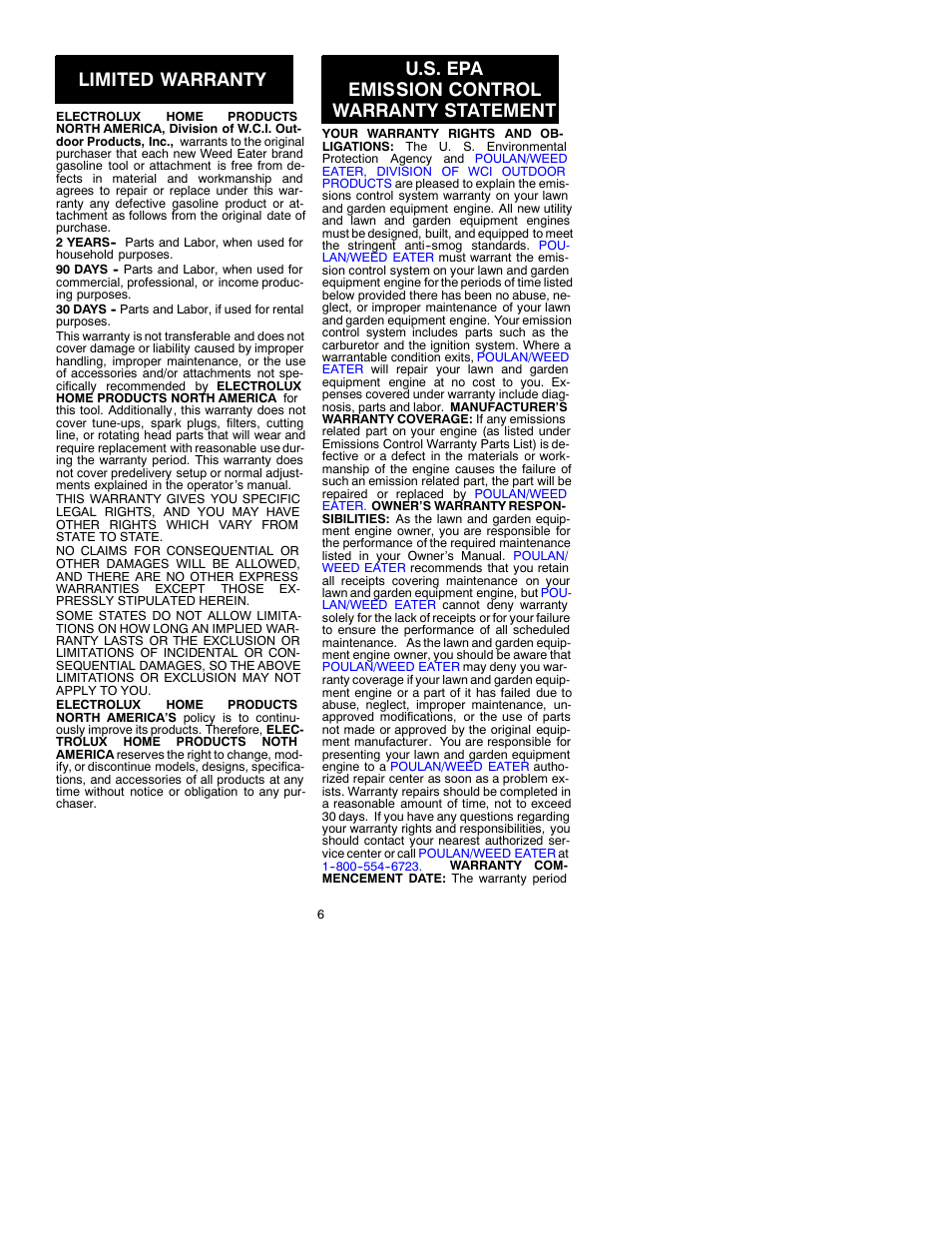 Limited warranty, U.s. epa emission control warranty statement | Weed Eater 530088830 User Manual | Page 6 / 7