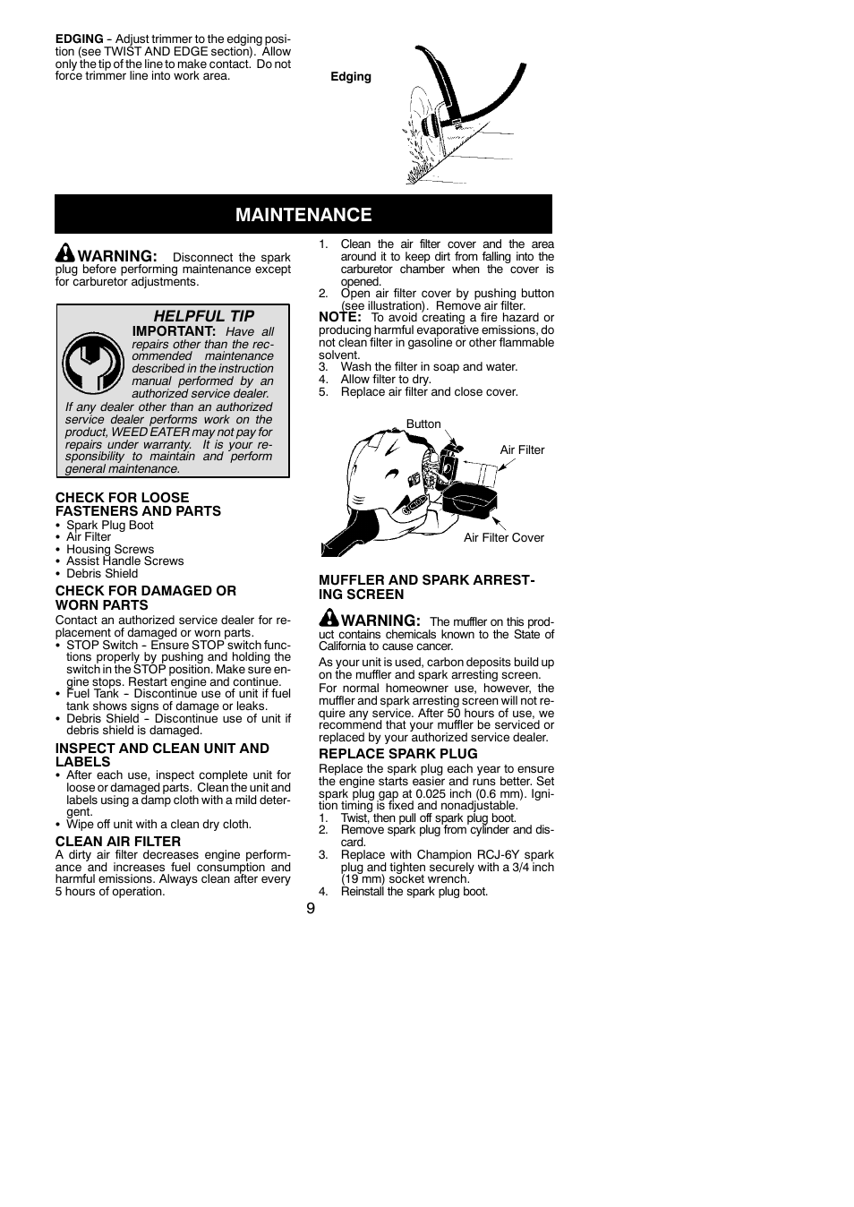 Maintenance, Warning, Helpful tip | Weed Eater 545186833 User Manual | Page 9 / 14