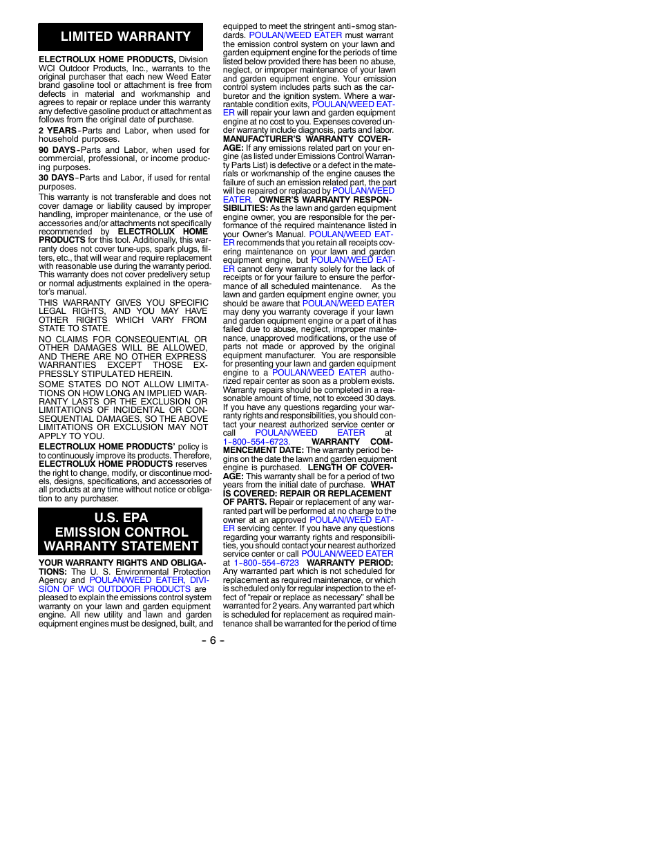 Limited warranty, U.s. epa emission control warranty statement | Weed Eater 530087628 User Manual | Page 6 / 7
