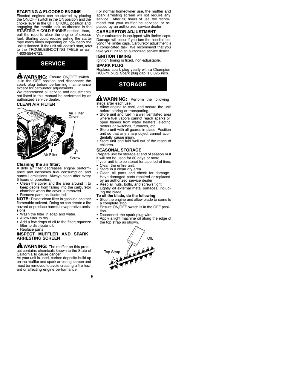 Service, Storage | Weed Eater 530086334 User Manual | Page 6 / 8