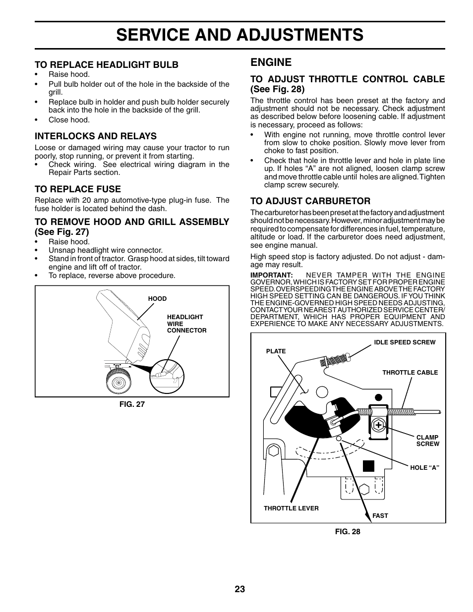 Service and adjustments, Engine | Weed Eater WET1338B User Manual | Page 23 / 48