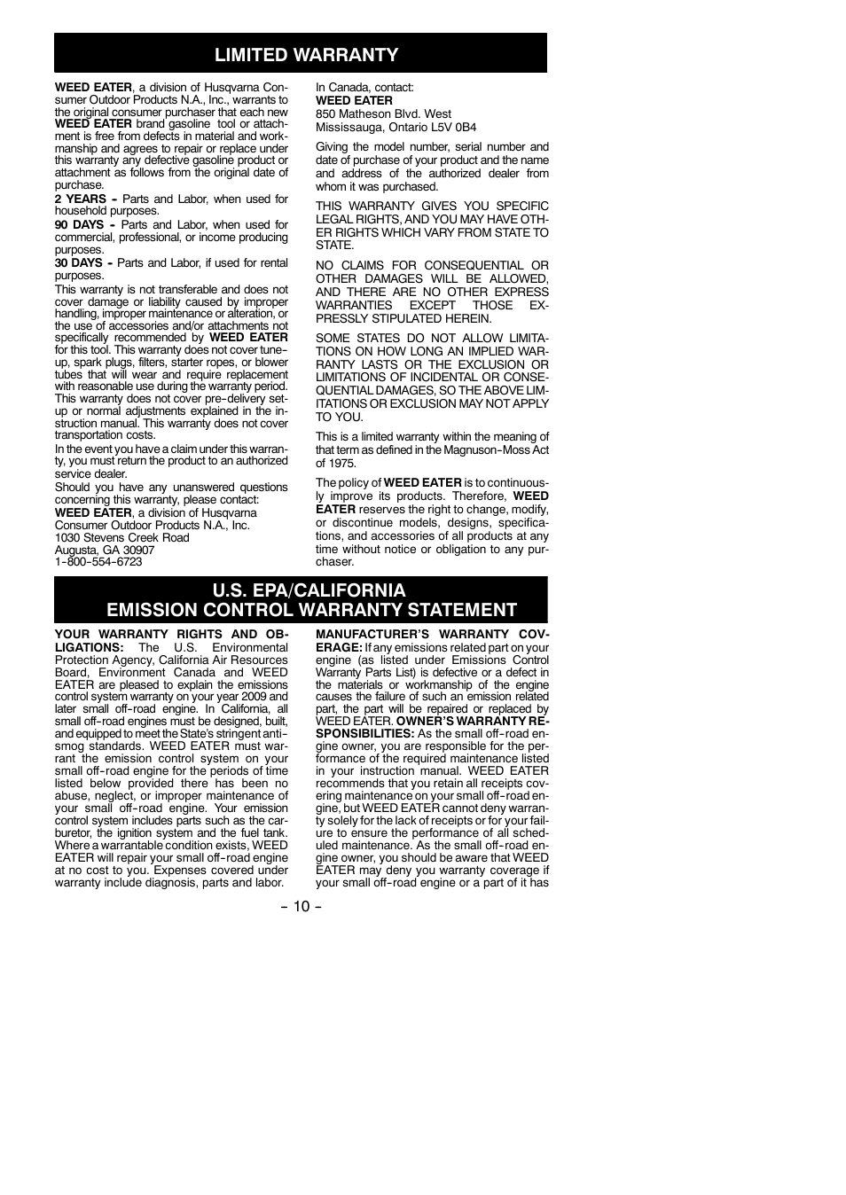 Limited warranty | Weed Eater FB25 User Manual | Page 10 / 11