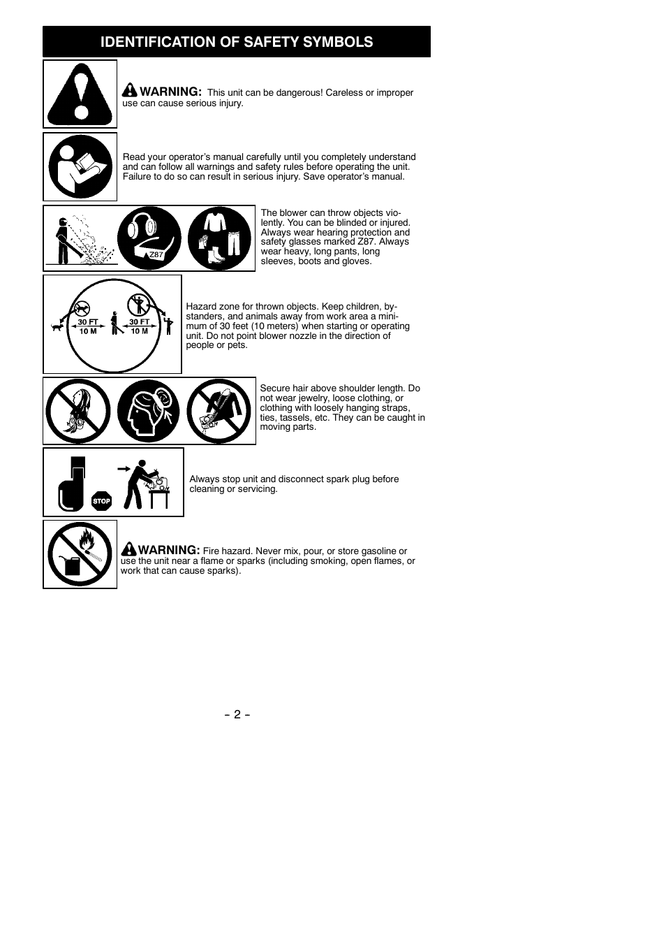 Identification of safety symbols | Weed Eater FB25 User Manual | Page 2 / 11