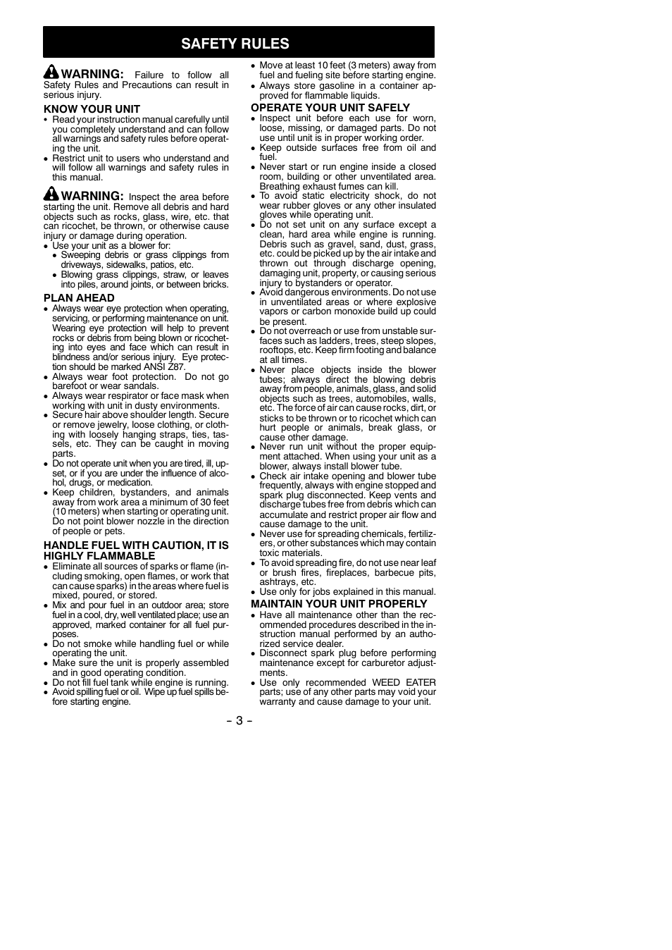 Safety rules, Warning | Weed Eater FB25 User Manual | Page 3 / 11