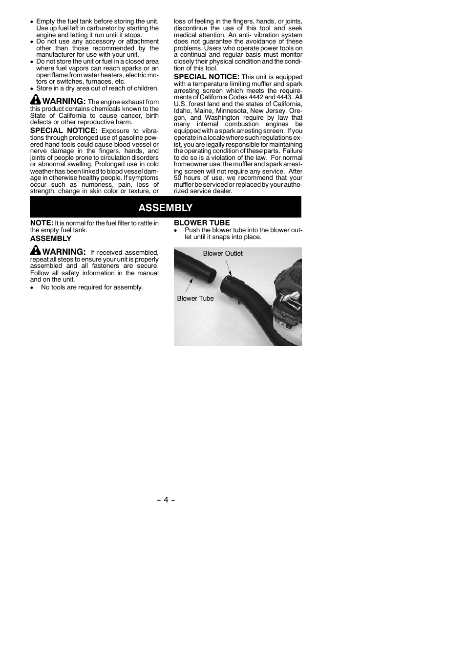 Assembly, Warning | Weed Eater FB25 User Manual | Page 4 / 11