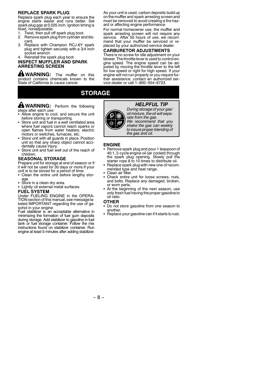 Storage, Warning, Helpful tip | Weed Eater FB25 User Manual | Page 8 / 11