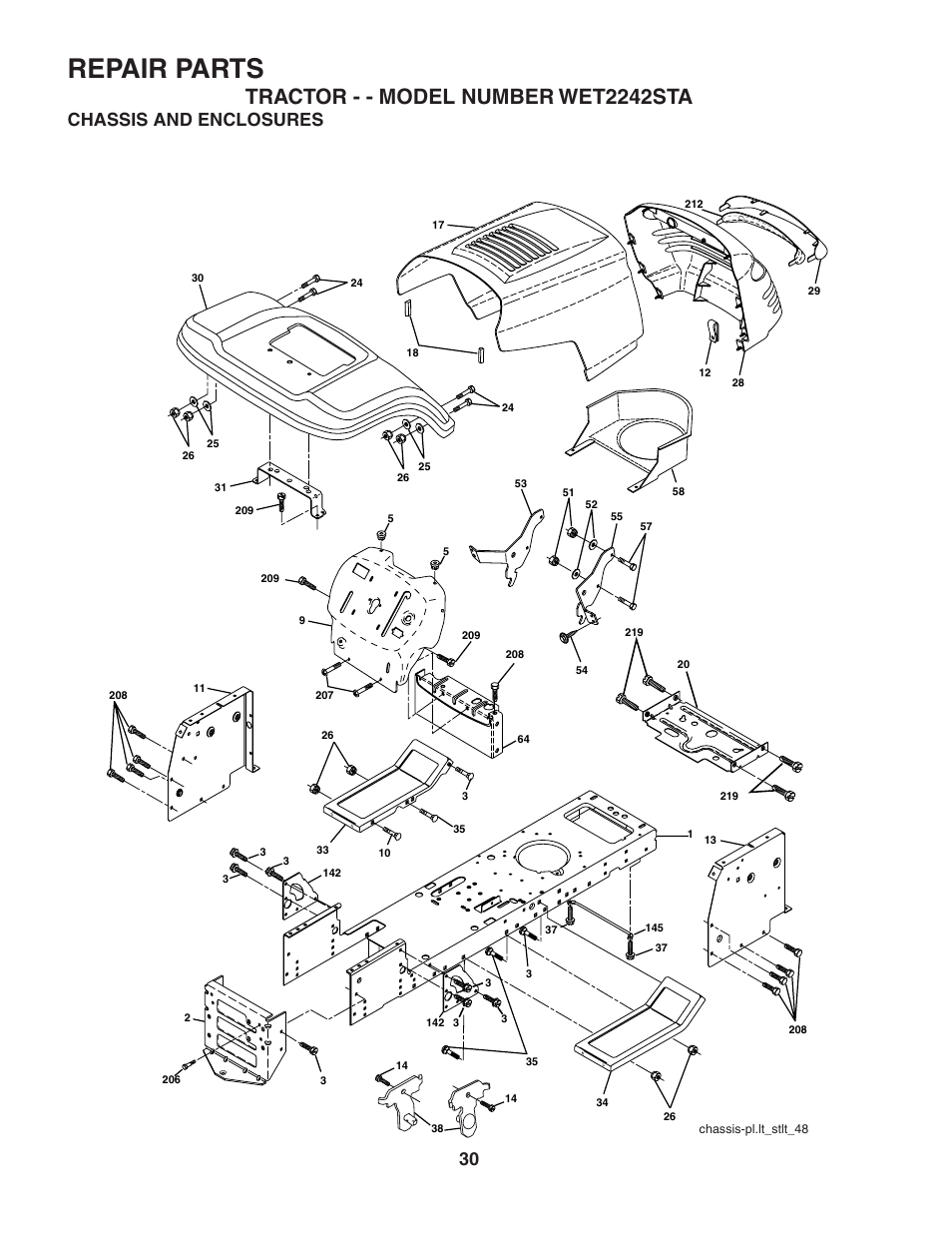Repair parts, Tractor - - model number wet2242sta, Chassis and enclosures | Weed Eater WET2242STA User Manual | Page 30 / 44
