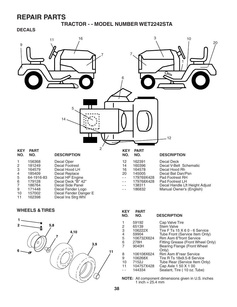 Repair parts, Tractor - - model number wet2242sta | Weed Eater WET2242STA User Manual | Page 38 / 44