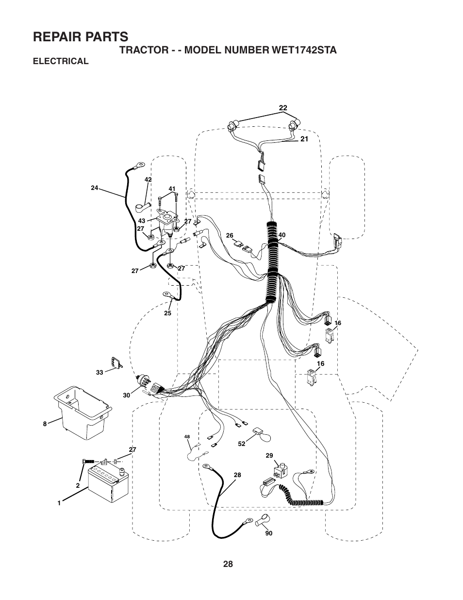 Repair parts, Tractor - - model number wet1742sta, Electrical | Weed Eater 186843 User Manual | Page 28 / 48