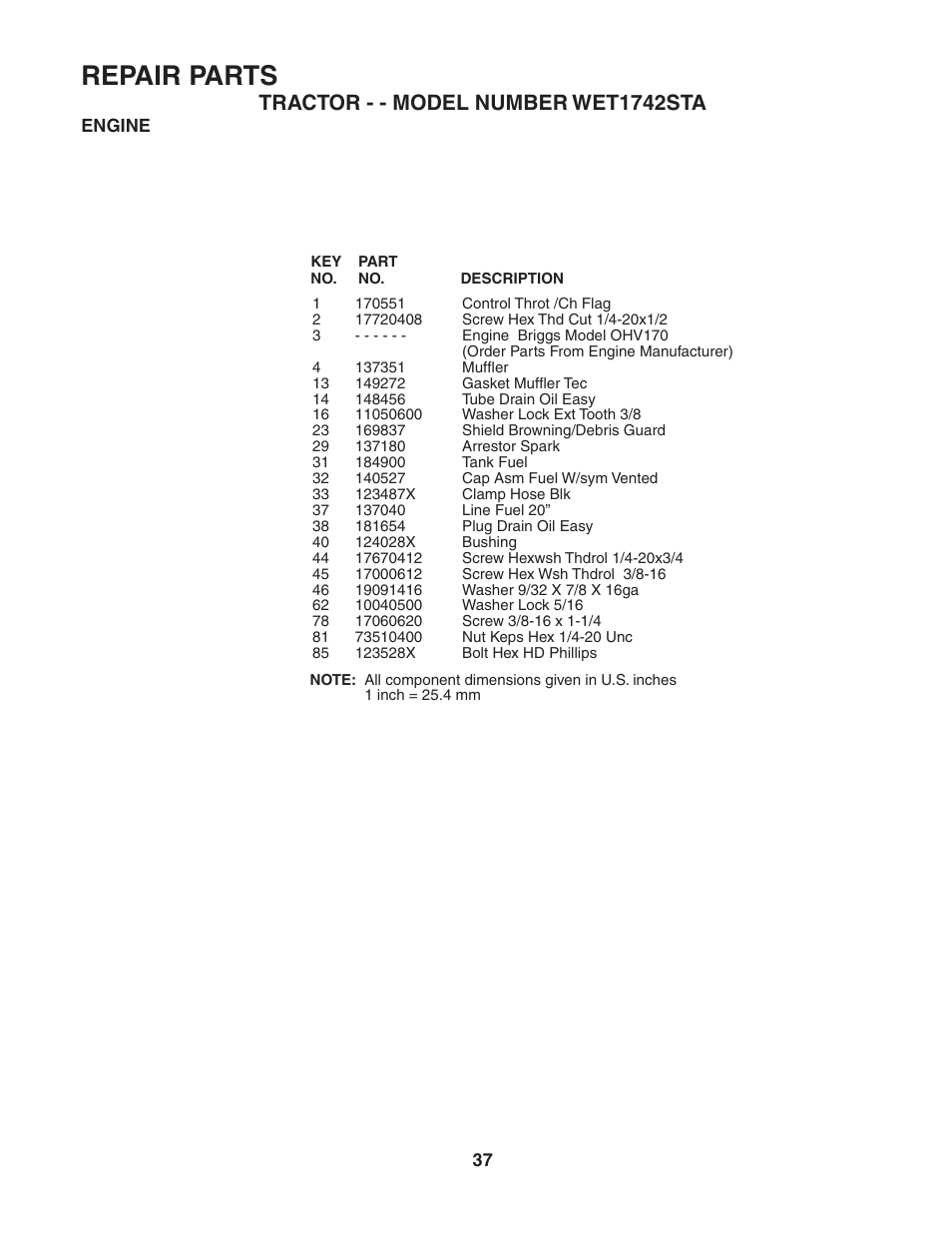 Repair parts, Tractor - - model number wet1742sta | Weed Eater 186843 User Manual | Page 37 / 48