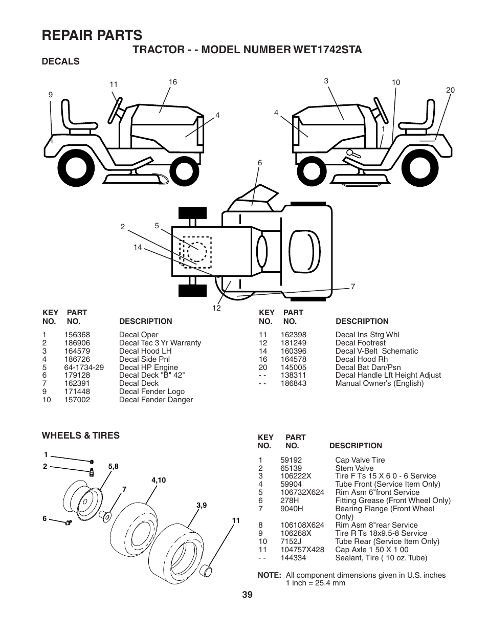 Repair parts, Tractor - - model number wet1742sta | Weed Eater 186843 User Manual | Page 39 / 48