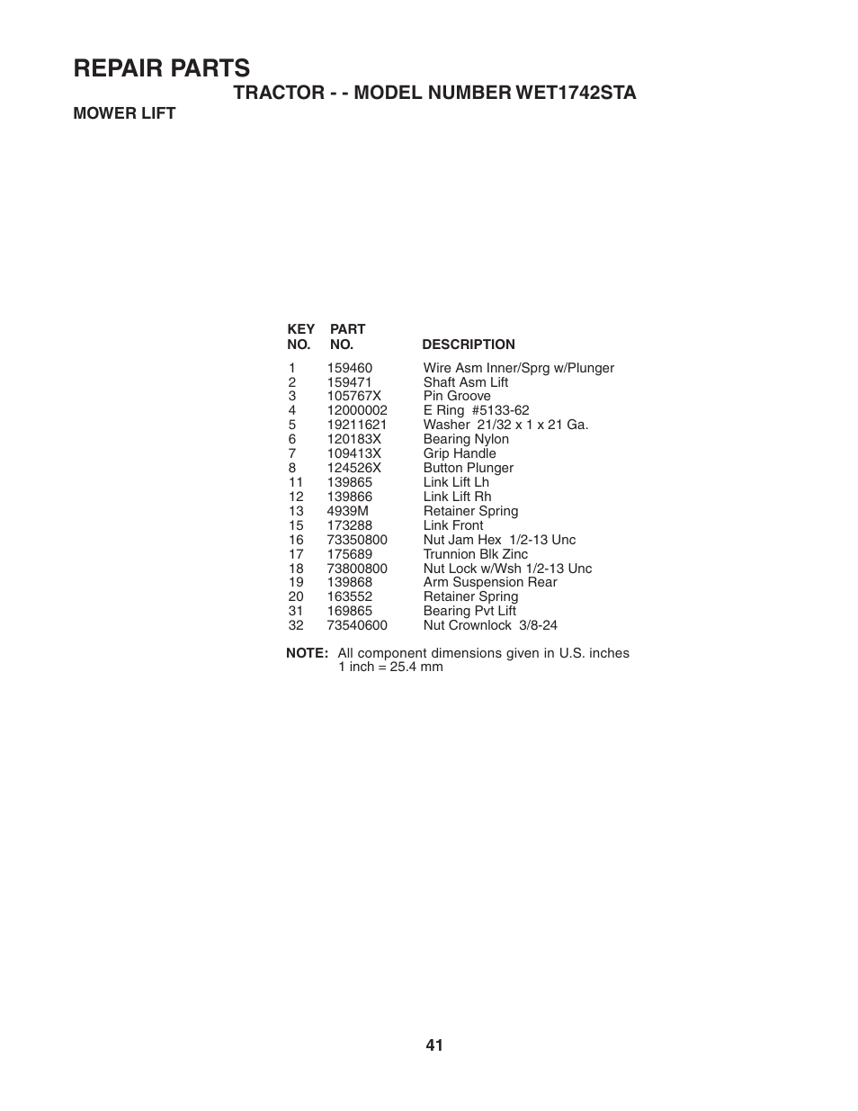 Repair parts | Weed Eater 186843 User Manual | Page 41 / 48