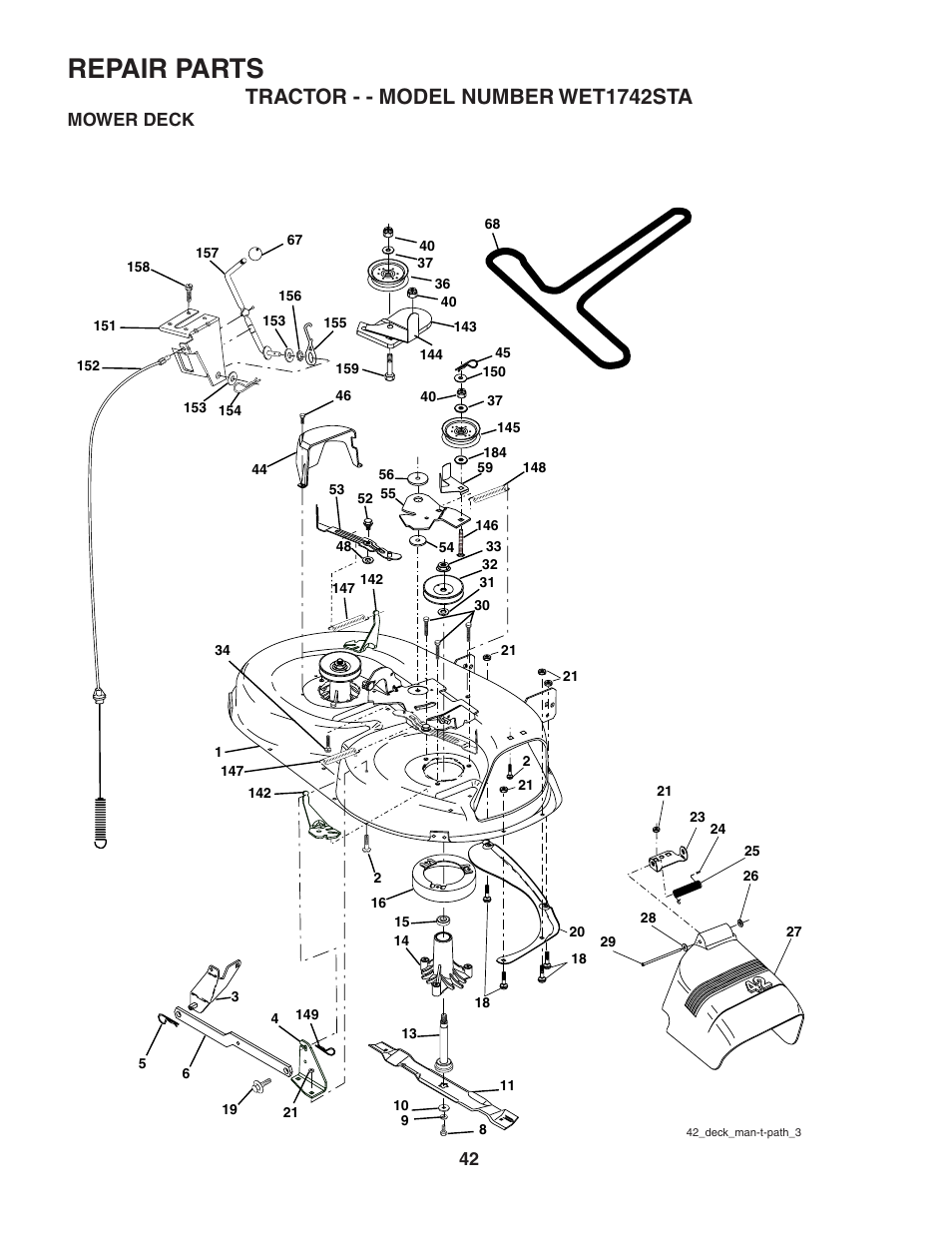 Repair parts, Tractor - - model number wet1742sta, Mower deck | Weed Eater 186843 User Manual | Page 42 / 48