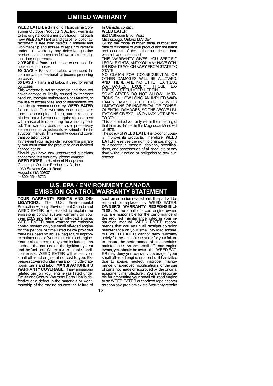 Limited warranty | Weed Eater 545186731 User Manual | Page 12 / 13