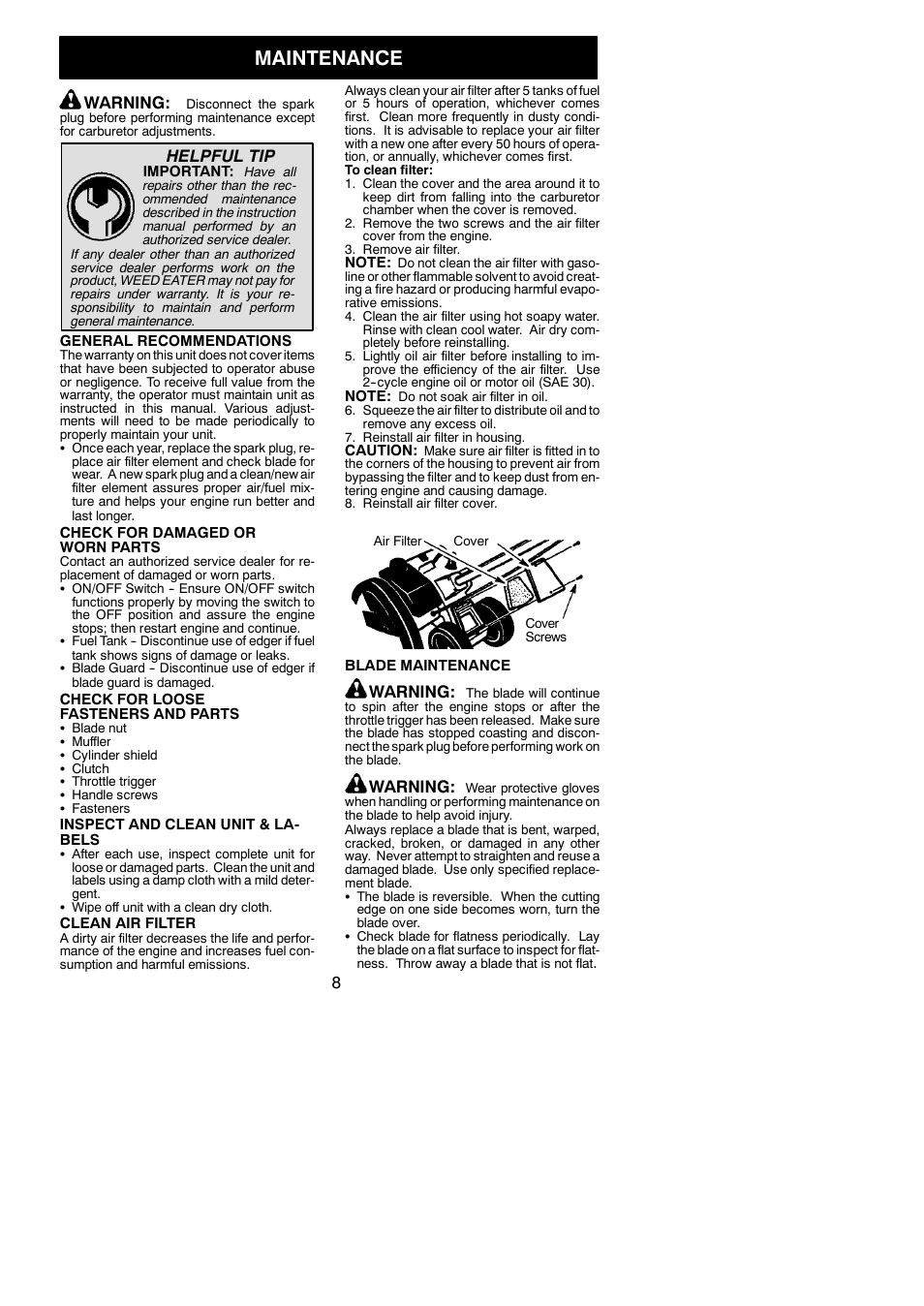 Maintenance, Warning, Helpful tip | Weed Eater 545186731 User Manual | Page 8 / 13