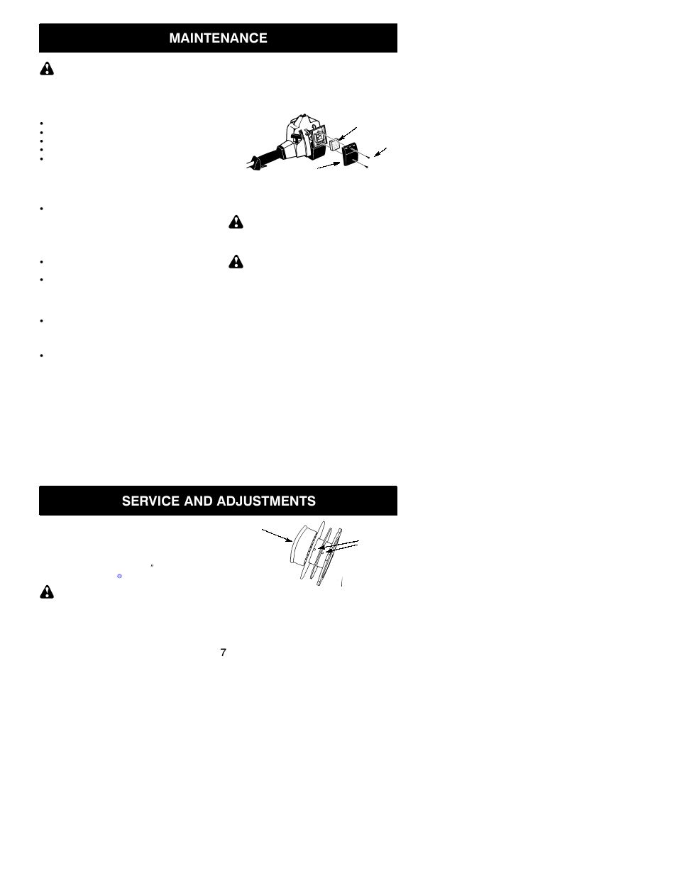 Maintenance, Service and adjustments | Weed Eater Featherlite 530163363 User Manual | Page 7 / 11