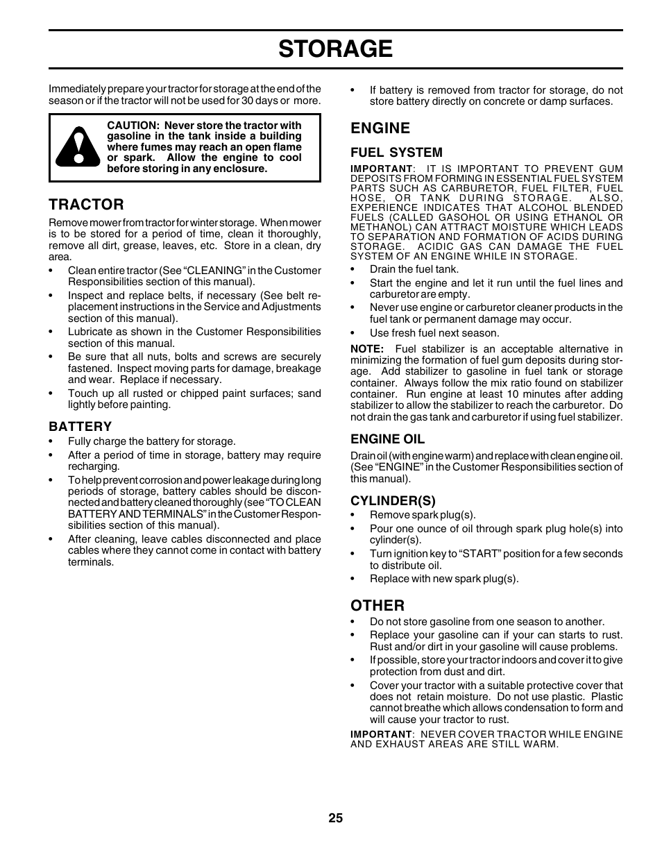 Storage, Tractor, Engine | Other | Weed Eater SGT18H46A User Manual | Page 25 / 48