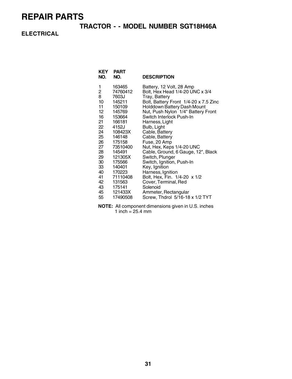 Repair parts, Tractor - - model number sgt18h46a | Weed Eater SGT18H46A User Manual | Page 31 / 48