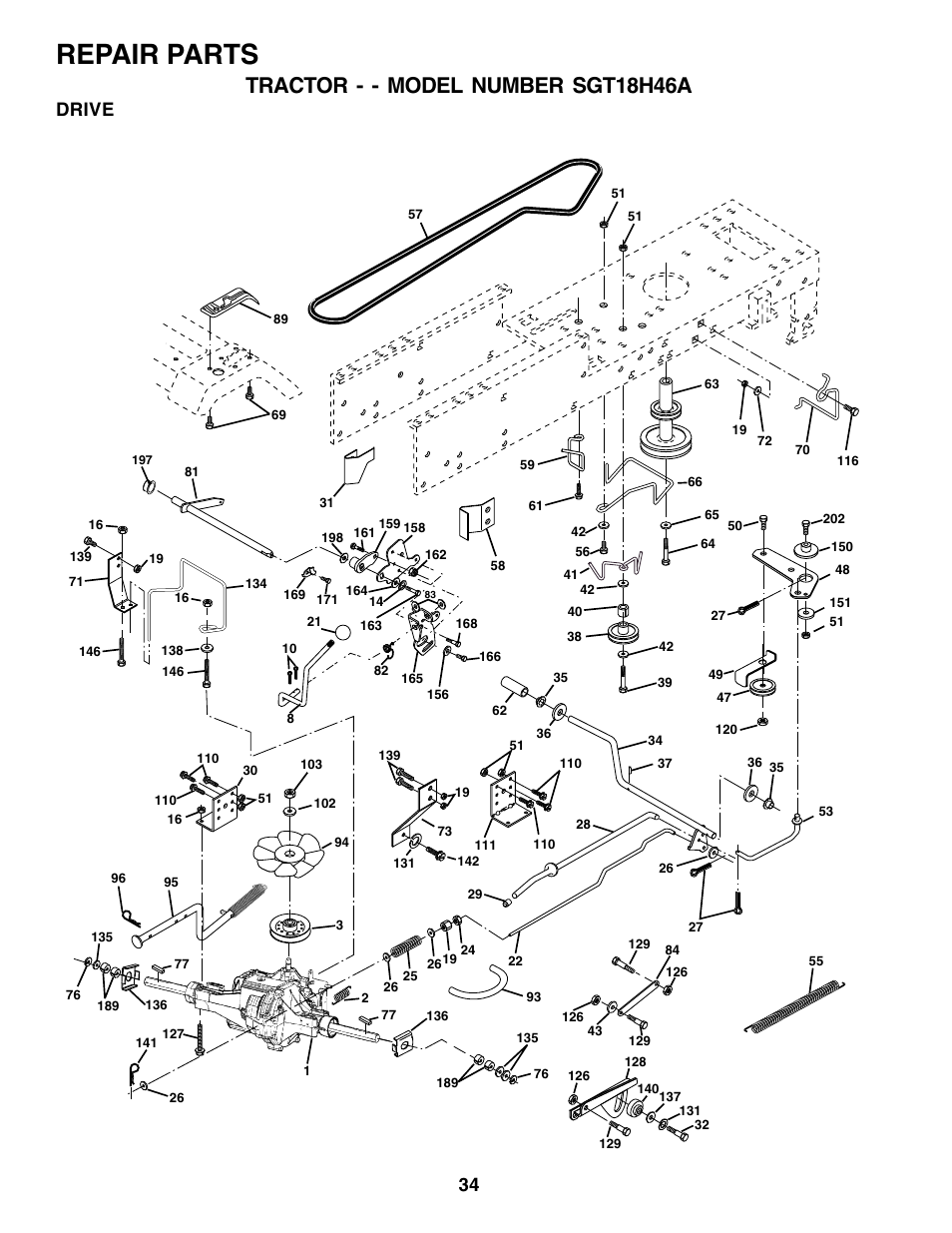 Repair parts, Tractor - - model number sgt18h46a, Drive | Weed Eater SGT18H46A User Manual | Page 34 / 48