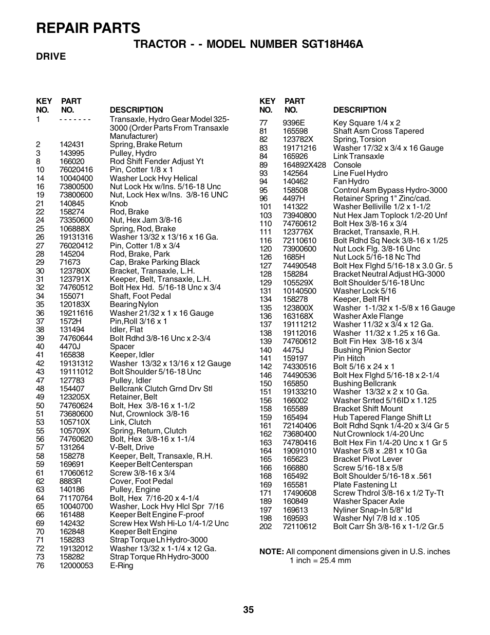 Repair parts, Tractor - - model number sgt18h46a | Weed Eater SGT18H46A User Manual | Page 35 / 48