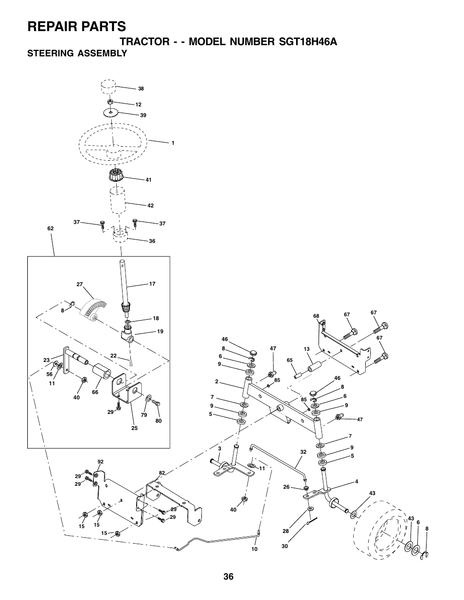 Repair parts, Tractor - - model number sgt18h46a, Steering assembly | Weed Eater SGT18H46A User Manual | Page 36 / 48