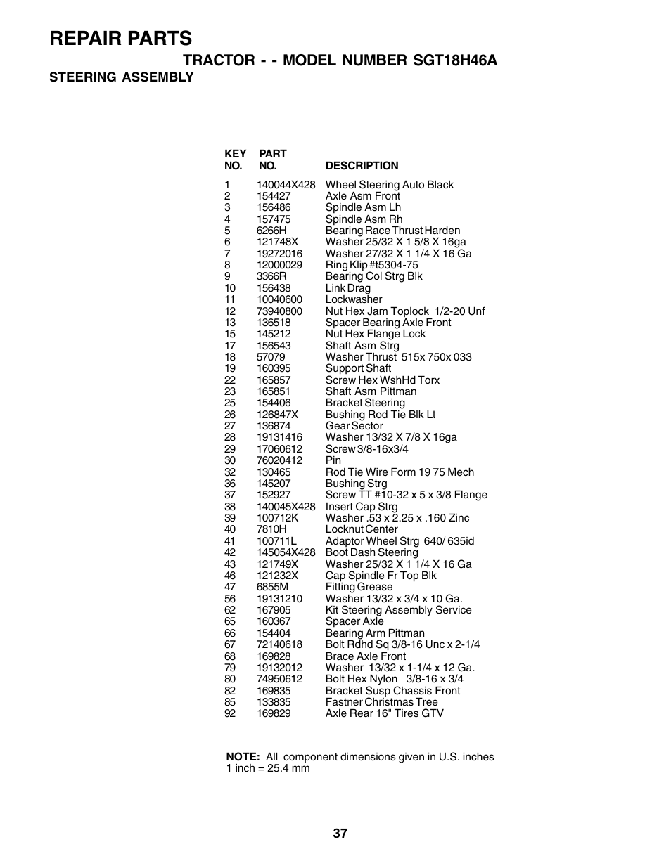 Repair parts, Tractor - - model number sgt18h46a | Weed Eater SGT18H46A User Manual | Page 37 / 48